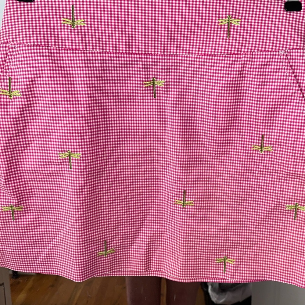 J Crew Gingham mini skirt w drangonflies